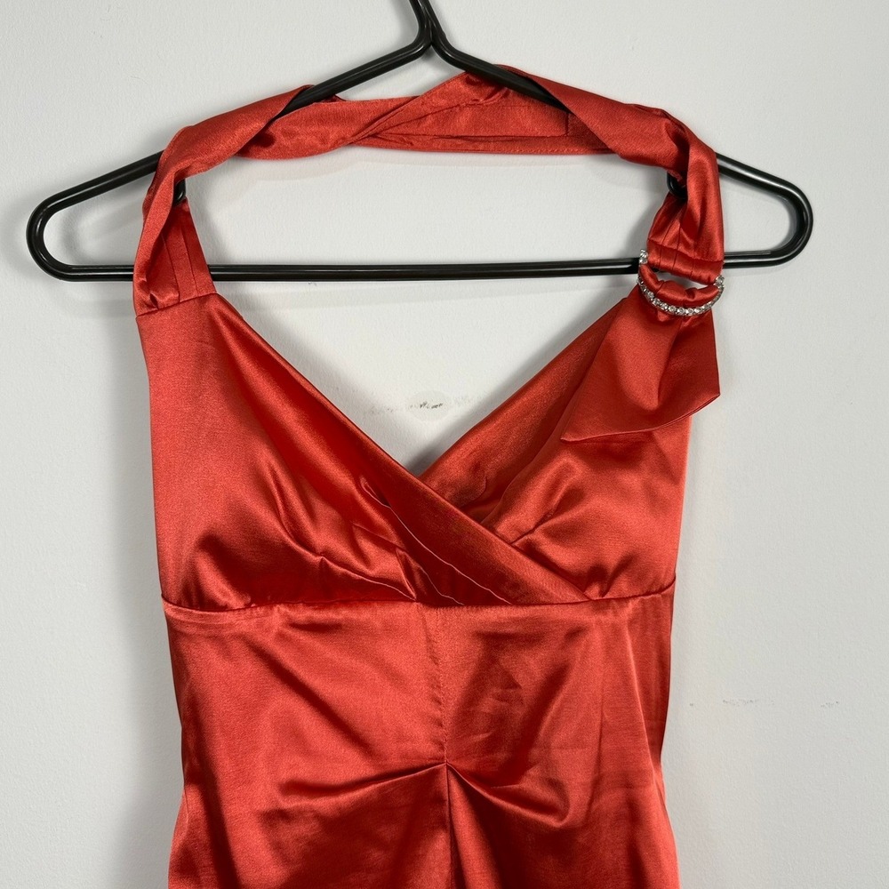 VTG Le Chateau Red Satin Halter Ruched Cocktail Dress Rhinestone Detail S CANADA - Picture 2 of 11